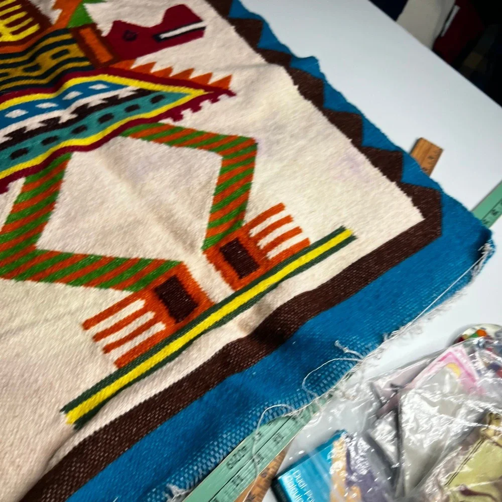 Vintage Handwoven Southwestern Wool Rug Tapestry Pictorial Geometric 35x18